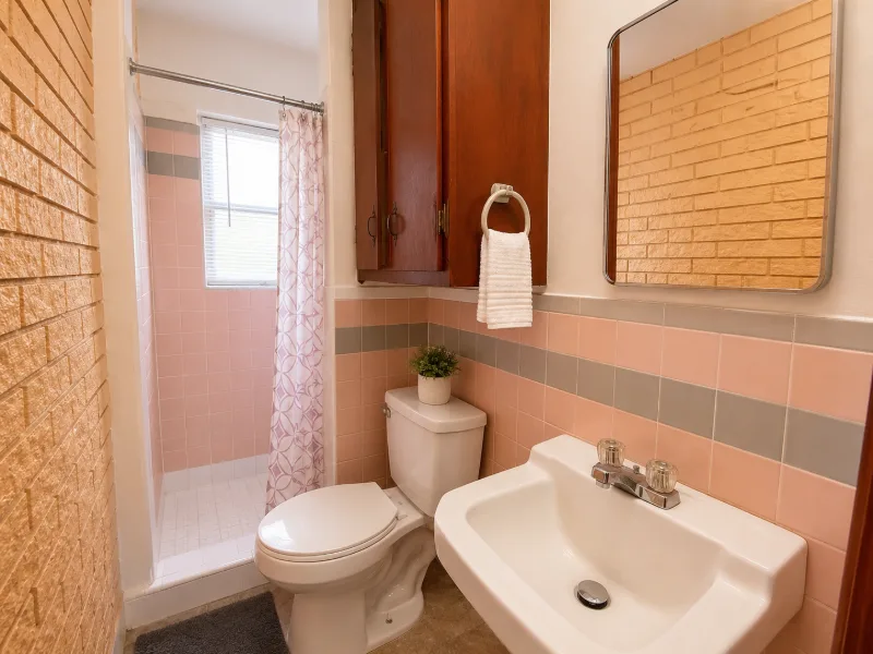 Bathroom with pink and grey tile and a wall cabinet