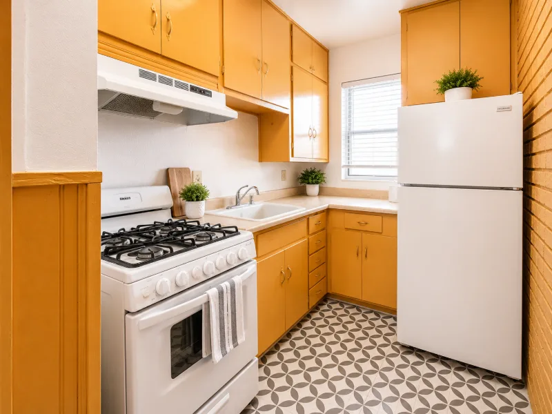 Kitchen with gas stove, refrigerator, and wood cabinets