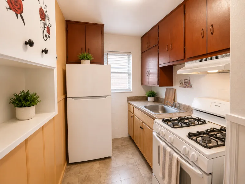 Kitchen with dark wood cabinets, gas range, and refrigerator