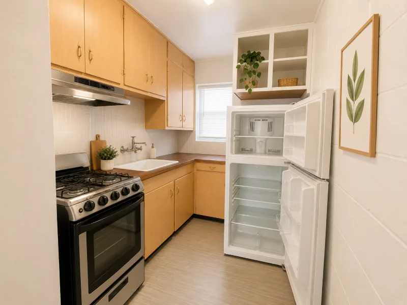 Kitchen with light wood cabinets, stainless gas range, and refrigerator
