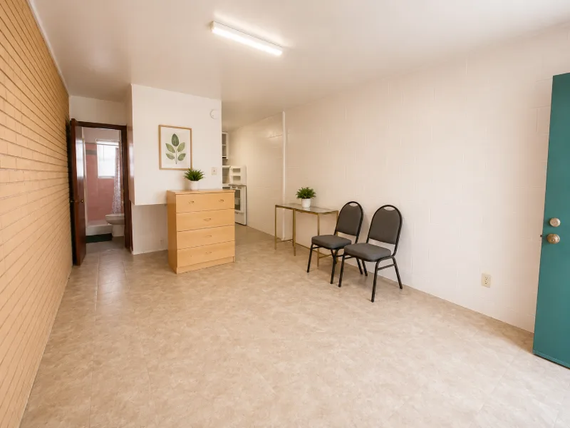 Leasing office with chairs and a reception counter