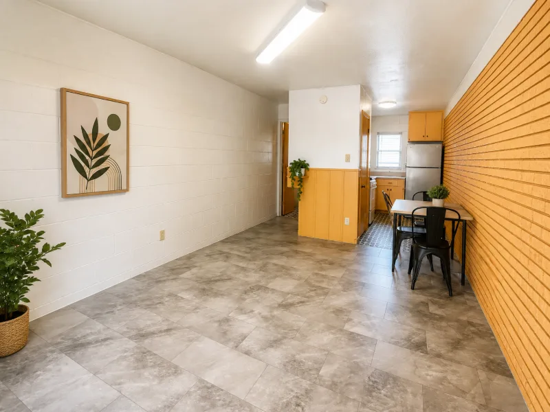 Efficiency main room with a wood-tone accent wall, concrete-look floor, and a small dining table