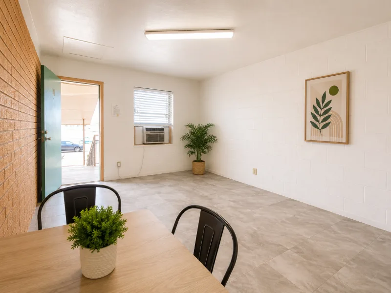 Efficiency main room with a dining table by the front door and a window air conditioner