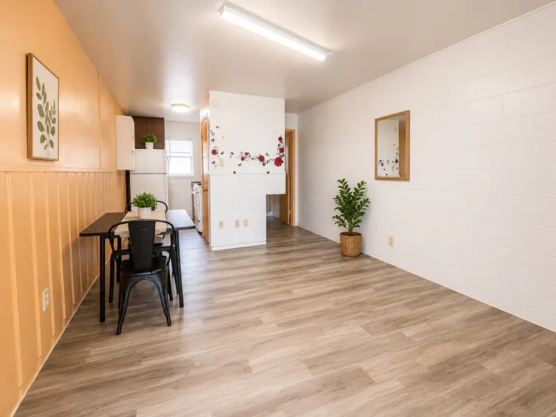 Efficiency main room with wood-look floor, dining set, and closet