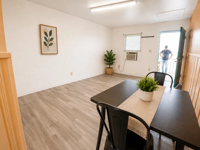 Efficiency main room with a black dining table and a turquoise front door