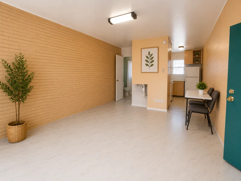 Efficiency main room with a brick accent wall, plant, and dining table