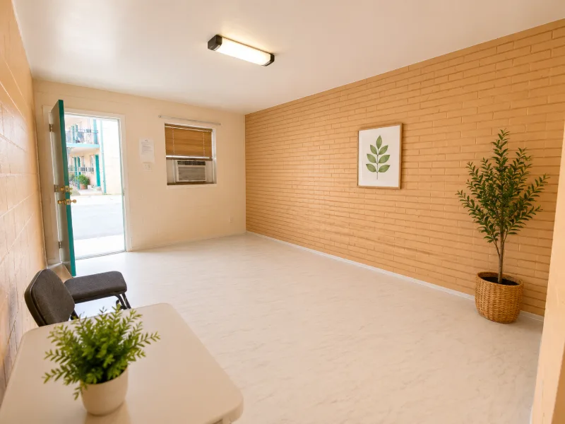 Efficiency main room with a brick accent wall and a table by the window
