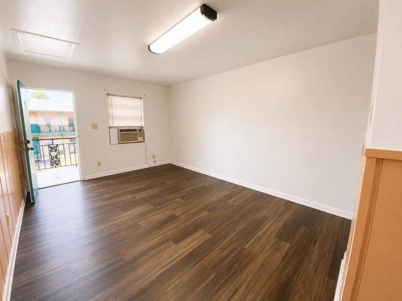 Efficiency main room with dark wood floor and a window